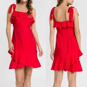 Endless Rose Bright Red Textured Satin Tie Sleeve Ruffle Hem Mini Dress